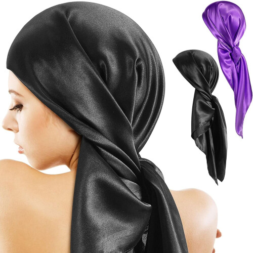 Lenço de cabeça de seda de 35 polegadas (89 cm), 2 peças, lenço quadrado grande para pescoço, bandana de cetim para dormir e enrolar o cabelo. 1