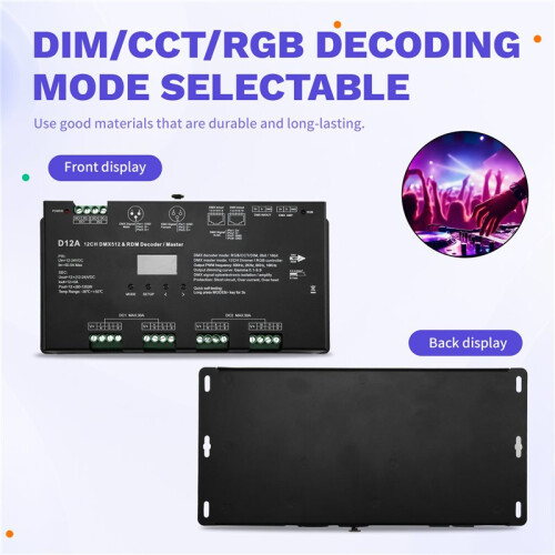 12CHx5A 12-24VDC CV OLED DMX512 Decoder D12A 4 PWM Frequency for RDM DMX Master DIM/CCT/RGB Decoding Mode Selectable 1