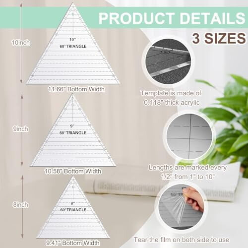 3pcs 60 Acrylic Triangle Rulers (8"/9"/10") for Quilting, Sewing, Patchwork – Clear Template Set 1