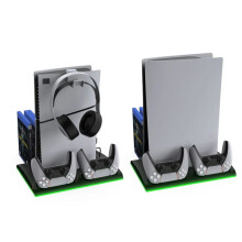 Ladeständer mit Lüfter für PS5 und PS5 Slim-Konsole, Dual-Controller-Ladestation mit 9 RGB-Lichtern (Weiß)