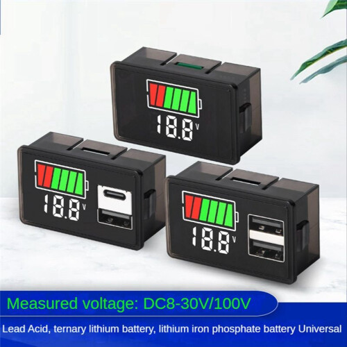 Battery Charge Level Indicator Lithium Battery Capacity Meter Test Display LED Tester Voltmeter, Dual USB  8-30V 2