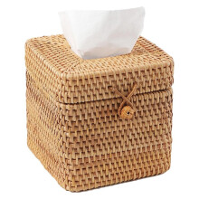Rieten Tissueboxhoes Vierkant, Handgeweven Rieten Tissuehouder met Scharnierend Deksel, voor Toilet, Kantoor en Thuis