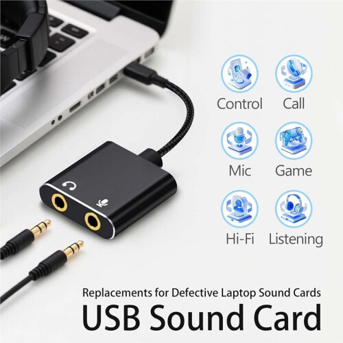USB Audio Interface for Computer, USB to 3.5mm Audio Adapter, External Sound Card with Headphone 2