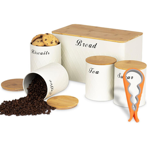 Cream Bread Bin & Tea Coffee 5Pcs Canister Set 2