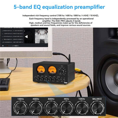 EQ5 PRO  5-Band EQ Preamp Stereo  Equalizer Home Desk Audio Processor with VU Meter