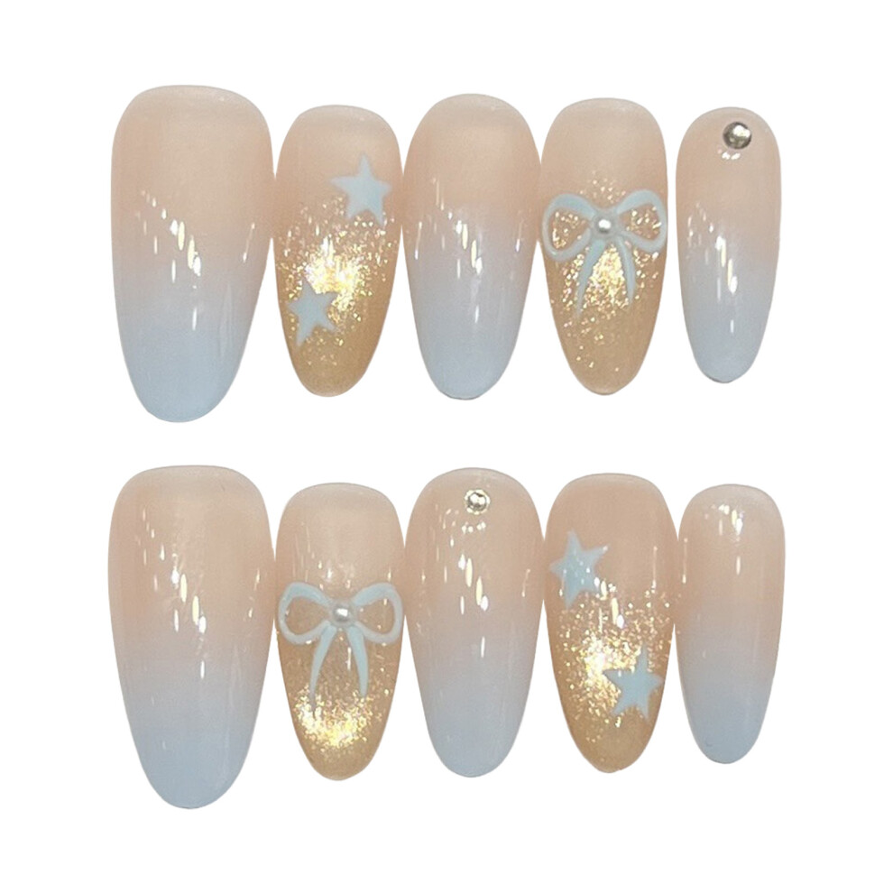 Penghui-Toys Blue (S) Press On Nail Almond Fake Nails With Bowknot & Star Pattern False Nails For Fingernail Diy Decoration