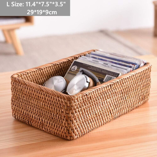 Handmade Rectangle Wicker Fruit Box Rattan Tray Magazine Organizer and Small Objects Container Serving Basket (Large) 1