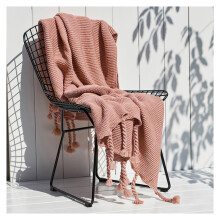 (Nude) Solid Color Knit Throw Blanket Decorative Blankets with Soft PomPom Tassels for Home Sofa Chair Couch Bed, 51 x 67 Inch