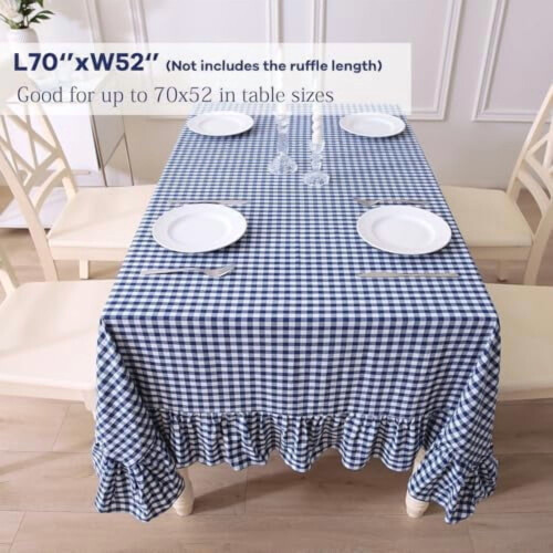 Toalha de mesa retangular xadrez azul-marinho e branca com babados, 100% algodão, estilo casa de campo vintage, 178 x 132 cm (70 x 52 polegadas). 1