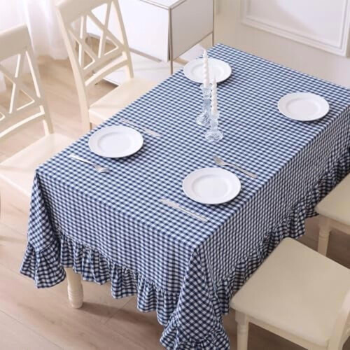 Toalha de mesa retangular xadrez azul-marinho e branca com babados, 100% algodão, estilo casa de campo vintage, 178 x 132 cm (70 x 52 polegadas). 2