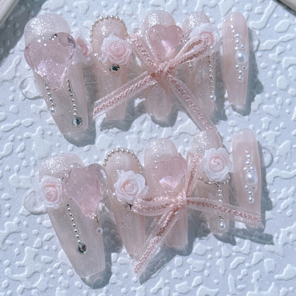 Dachuang Beauty Pink (Xs) Rhinestone Fake Nails, Long Lasting Salon Supply