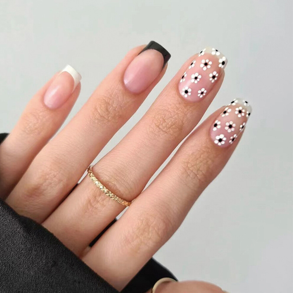 Roc-Electron 24Pcs White Flower False Nails, Black Tips