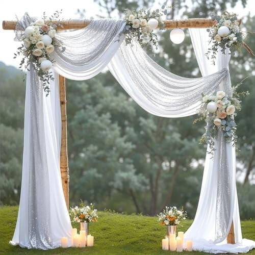 Wedding arch draping fabric white silver sequin 28x19ft + 2