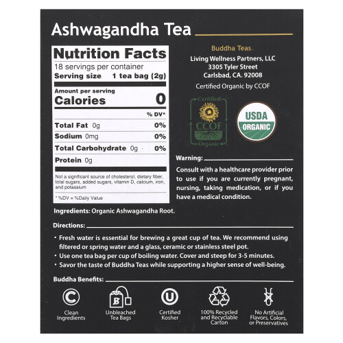 Buddha Teas, Bio-Heiltee, Ashwagandha, 18 Teebeutel, 1,27 oz (36 g) 1