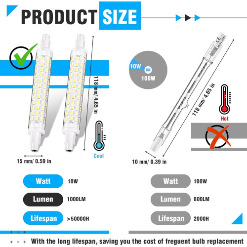 2x R7S LED Bulbs 10W 118mm 6000K Dimmable 1