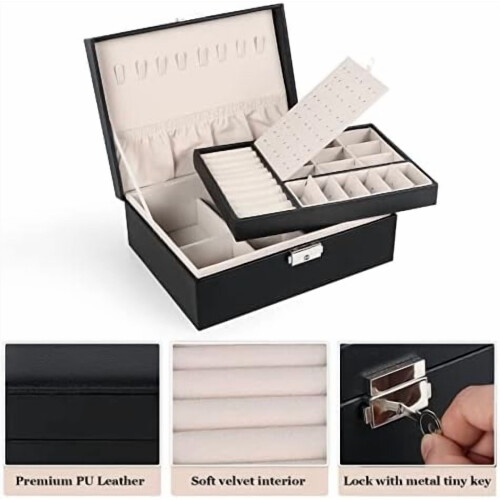 Black PU Leather Jewelry Box with Lock – 2-Layer, 2