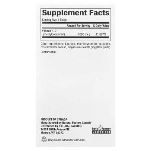Natural Factors, B12, Methylcobalamin, 1.000 mcg, 90 Chompbare tablets 1