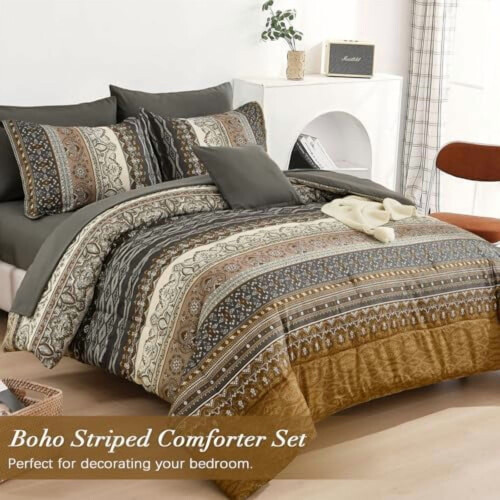 Boho Comforter Set Brown Black 8-Piece Microfiber 1