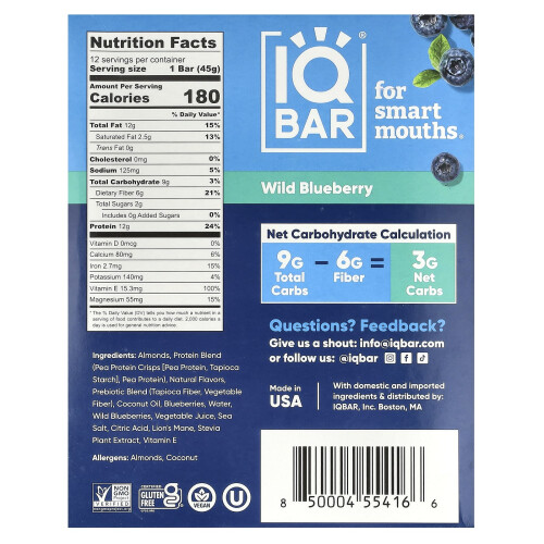 IQBAR, Βαρίδες Προτεΐνης Φυτικής Προέλευσης, Wild Blueberry, 12 Βαρίδες, 1,6 oz (45 γρ.) καθένα 1