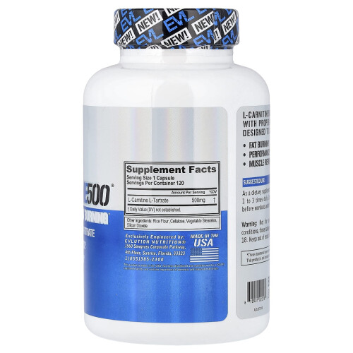 EVLution Nutrition, L-Carnitine500Æ, 500 mg, 120 Capsuler 1