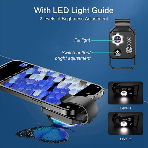200X Magnification Microscope Lens Mobile LED Light Micro-Type Pocket Macro Lens for Ios Android All Smartphones,White 1