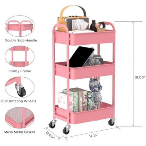 Dreistöckiger Rollwagen in Rosa, Metallgestell 1