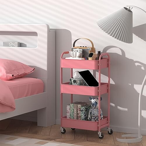 Dreistöckiger Rollwagen in Rosa, Metallgestell 2