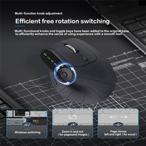 JOMAA Ergonomic Vertical Wireless Mouse with Function Adjustment Knob, 2.4G Dual-Mode Wireless Rechargeable Mouse Black 1