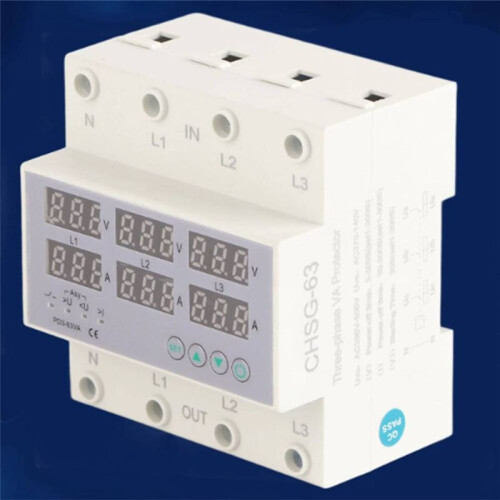 3 Phase DIN Rail Voltmeter Ammeter Automatic Overvoltage Overcurrent Protector AC 390‑500V 2