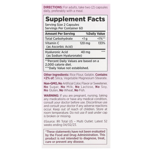 Nature's Bounty, Soluções Óptimas de Ácido Hialurônico e Vitamina C, 120 Cápsulas 1