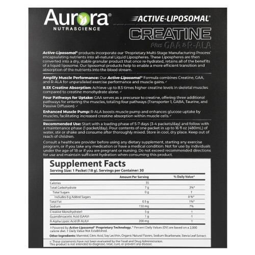 Aurora Nutrascience, Active LiposomalÆ, Creatine Plus GAA & R-ALA, 30 Packets, 0,63 oz (18 g) Each 1