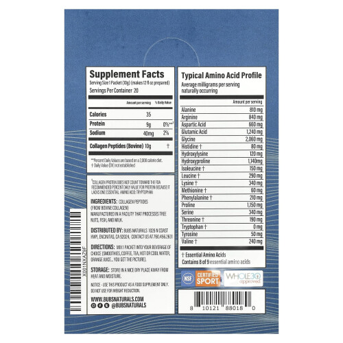 BUBS Naturals, Πρωτεϊνικές Πεπτιδίων, Ασημί, 20 Πακέτα, 0.35 oz (10 g) Κάθε 1
