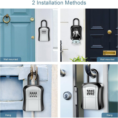 Boîte à clés murale portable avec code à combinaison réinitialisable – Compatible avec le rangement des clés de secours à la maison, au 2