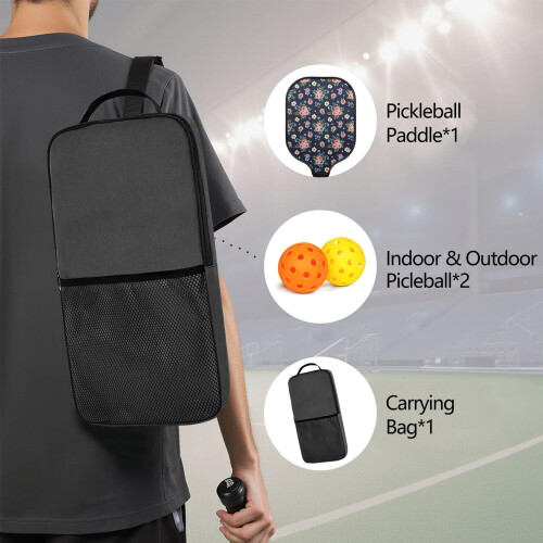 Σετ κουπιών Pickleball από fiberglass με λουλούδια, 2 μπάλες και τσάντα, συμβατό με παιχνίδι 1