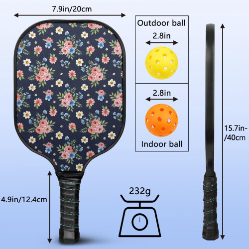 Σετ κουπιών Pickleball από fiberglass με λουλούδια, 2 μπάλες και τσάντα, συμβατό με παιχνίδι 2