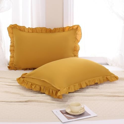 Fronhas amarelas mostarda, tamanho padrão 50x66cm (20x26 polegadas), conjunto com 2 unidades. Fronhas com babados, capas de almofada charmosas, 2