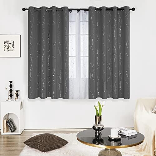 Grey Blackout Curtains with Silver Wave Dot Print, 52x45 1