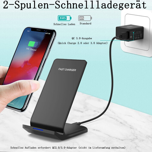 Hurtig trådløs oplader til kompatibel med Samsung Galaxy og iPhone, sort 2