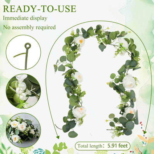 Artificial Eucalyptus Garland with White Roses 180cm 1