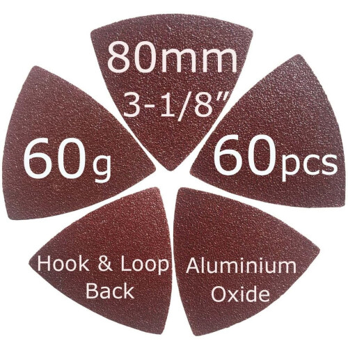 80mm Triangular Hook & Loop Sandpaper (60 Pcs, 60 Grit) for Wood Sanding, Compatible with 3-1/8" Oscillating Multi Tools (XG802060) 1