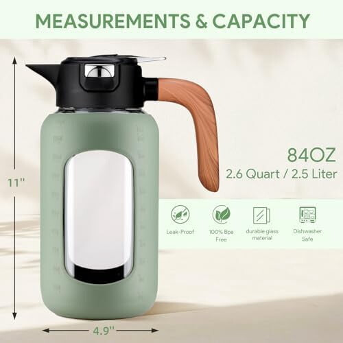 Γυάλινη κανάτα 84oz (2,5L) με καπάκι και λαβή – Συμβατή με ζεστό/κρύο νερό, παγωμένο 1