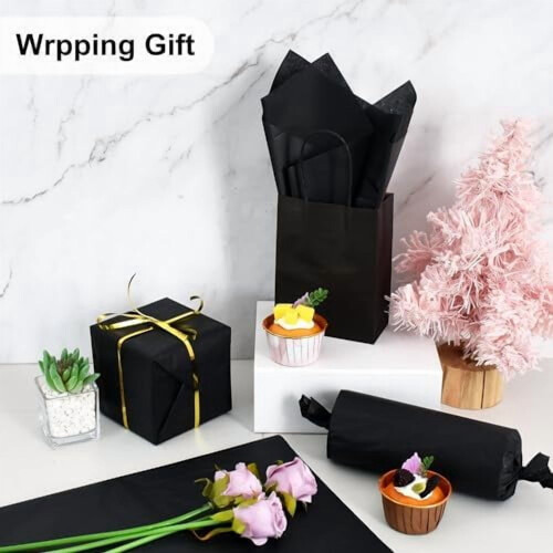 100 folhas de papel de seda preto, 35,5 x 50,8 cm (14 x 20 polegadas), ideal para embrulhar presentes, artesanato, festas e flores – compatível 2
