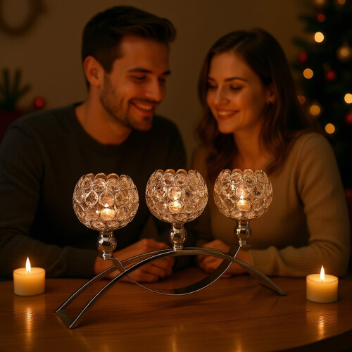 Gold-Plated Iron 3-Arm Crystal Candlestick 1
