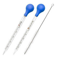 Conjunto de 2 pipetas de vidro graduadas com conta-gotas e escova de limpeza.