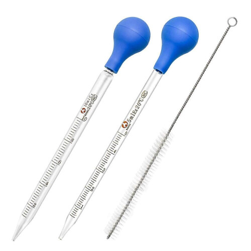 Conjunto de 2 pipetas de vidro graduadas com conta-gotas e escova de limpeza.