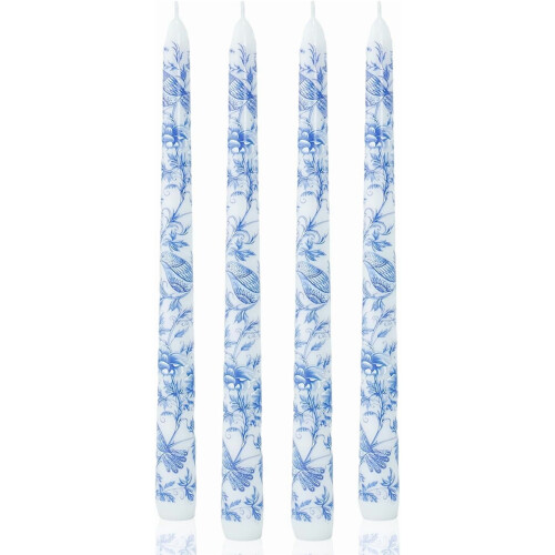 Conjunto de 4 velas decorativas cônicas Chinoiserie de 25 cm (10 polegadas) em azul e branco, sem perfume, ideais para decoração de casa, 1