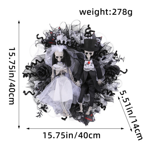 16" Halloween Skeleton Bride and Groom Wreath 2
