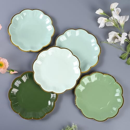 Sage Green Gradient 7" Gold Foil Scalloped Plates (24) 2
