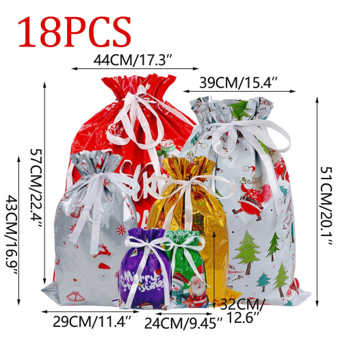Christmas Drawstring Gift Bags Foil 12-Pack 1
