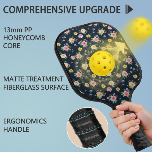 Σετ κουπιών Pickleball από fiberglass με λουλούδια και 2 μπάλες και τσάντα – Συμβατό με 1